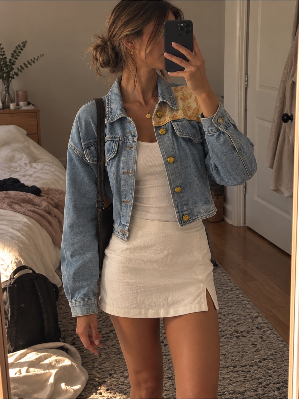 Vintage 80s Cropped Light Blue Denim Jacket with Button Detail